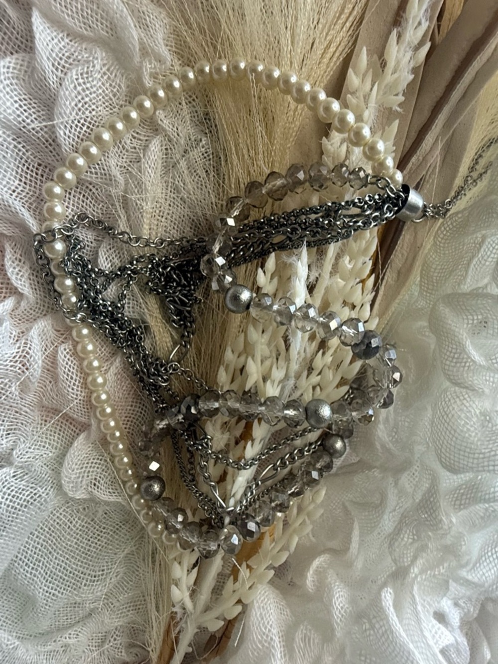 Multi-Strand Pearl & Crystal Necklace in Ivory and Silver